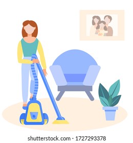 Home activities. Housework. Young girl with a vacuum cleaner. A pretty woman is vacuuming a room. House cleaning. Vector illustration in a flat style, isolated on a white background.