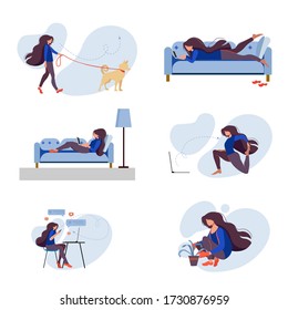 Home Activities Illustration Set. The girl takes care of indoor plants, reads books, does yoga online, walks with the dog, works from the laptop. Self-isolation, quarantine due to coronavirus.