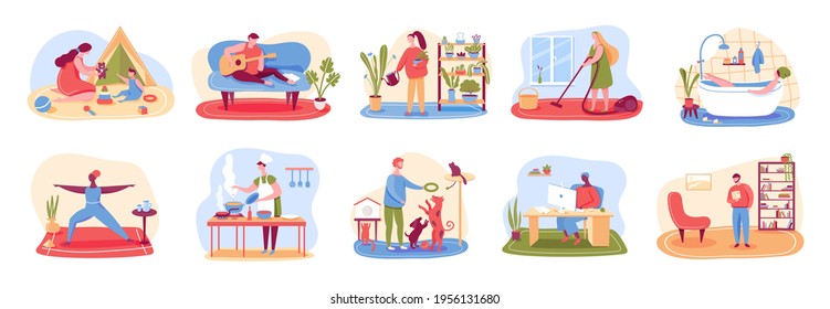 Home activities. People cleaning home, cooking, taking bath, playing with pets, practicing yoga, reading. Leisure time, relaxing indoor activity vector set. Watering plants, freelancer working