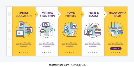 Home activity, education and recreation onboarding vector template. Entertainments, fitness, virtual trips. Responsive mobile website with icons. Webpage walkthrough step screens. RGB color concept