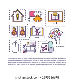 Home activity, fitness and leisure concept icon with text. Entertainment, music and table games. PPT page vector template. Brochure, magazine, booklet design element with linear illustrations