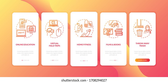 Home activity, leisure and e-learning onboarding mobile app page screen with concepts. Chores and rest walkthrough 5 steps graphic instructions. UI vector template with RGB color illustrations