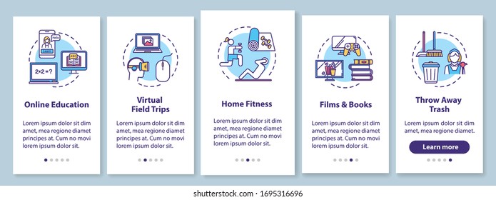 Home activity onboarding mobile app page screen with concepts. Entertainments, fitness and education walkthrough 5 steps graphic instructions. UI vector template with RGB color illustrations