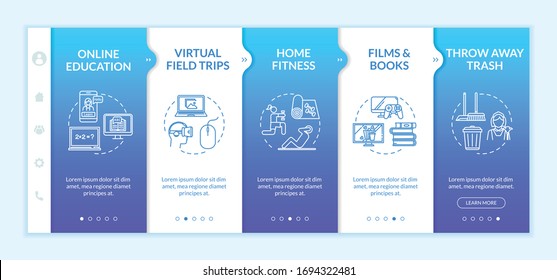 Home Activity Onboarding Vector Template. Entertainments, Fitness, Virtual Trips And Online Education. Responsive Mobile Website With Icons. Webpage Walkthrough Step Screens. RGB Color Concept