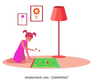 Home activity and recreation with educational logic game concept. Girl playing with dice vector illustration. Child makes move while playing. Young lady with strategic board game in living room