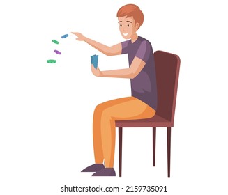 Home Activity And Recreation With Game Of Chance, Gambling. Player Sitting And Playing With Cards. Male Character Spends Time With Poker Alone. Man With Playcards Comes Up With Strategy For Game