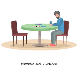 Home activity and recreation with game of chance. Person sitting at table and playing with cards. Male character spends time with poker alone. Man with playcards comes up with strategy for game