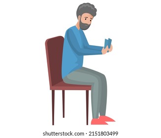 Home activity and recreation with logic game concept. Person playing with cards vector illustration. Male character makes move while playing. Elderly man with strategic game playcards sitting on chair
