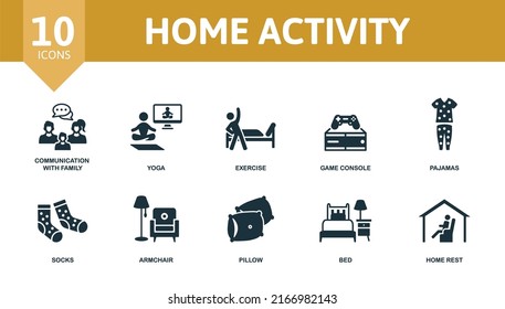 Home Activity set icon. Editable icons home activity theme such as communication with family, exercise, pajamas and more.