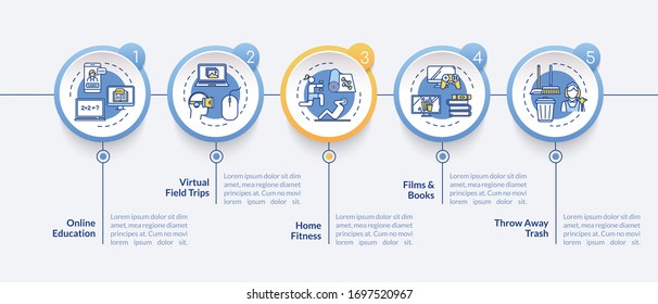 Plantilla infográfica vectorial de actividad doméstica. Elementos de diseño de presentaciones de entretenimiento y educación en línea. Visualización de datos con 5 pasos. Diagrama de la escala de tiempo del proceso. Diseño de flujo de trabajo con iconos lineales