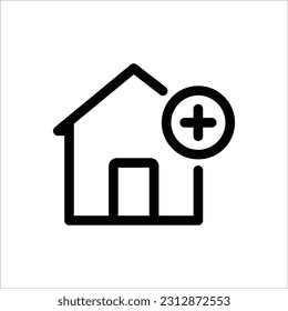 Home add sign icon vector in flat design illustration. Isolated on white background. New, positive, plus sign, add sign icon. Home icon outline design. Perfect for all project, website, design graphic