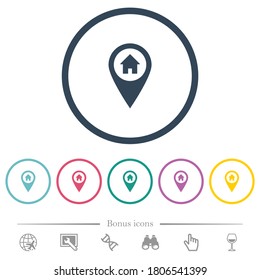 Home address GPS map location flat color icons in round outlines. 6 bonus icons included.
