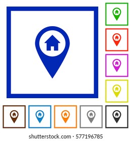 Home address GPS map location flat color icons in square frames on white background