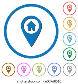 Home address GPS map location flat color vector icons with shadows in round outlines on white background