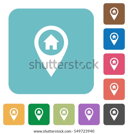 Home address GPS map location white flat icons on color rounded square backgrounds
