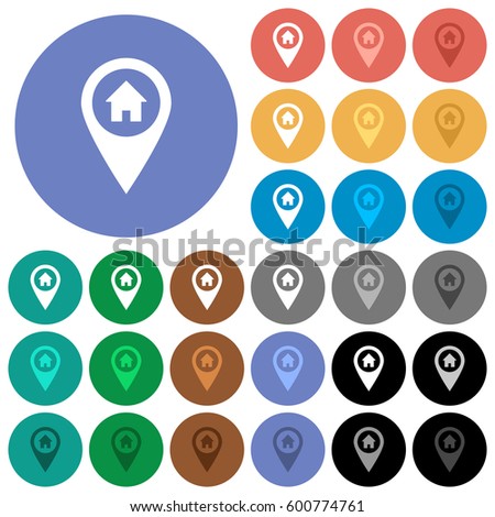 Home address GPS map location multi colored flat icons on round backgrounds. Included white, light and dark icon variations for hover and active status effects, and bonus shades on black backgounds.
