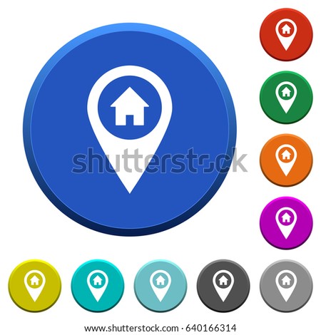 Home address GPS map location round color beveled buttons with smooth surfaces and flat white icons