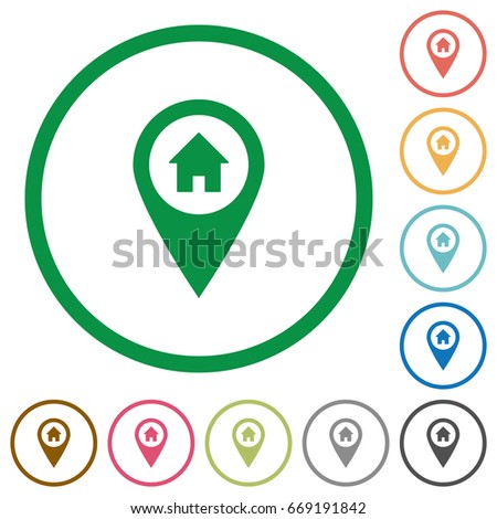 Home address GPS map location flat color icons in round outlines on white background