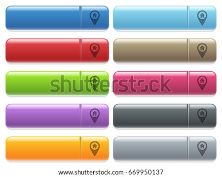Home address GPS map location engraved style icons on long, rectangular, glossy color menu buttons. Available copyspaces for menu captions.