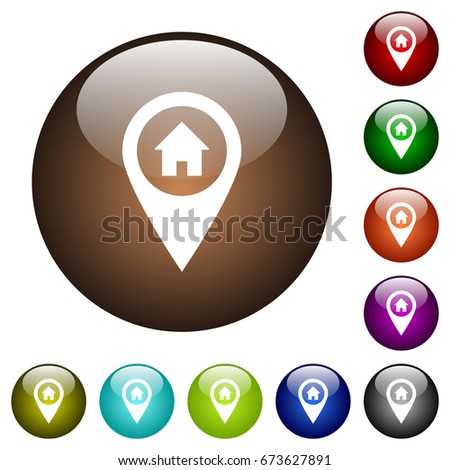 Home address GPS map location white icons on round color glass buttons