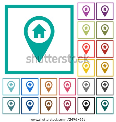 Home address GPS map location flat color icons with quadrant frames on white background