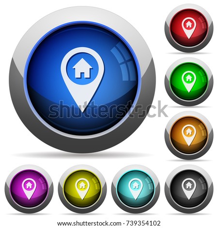 Home address GPS map location icons in round glossy buttons with steel frames