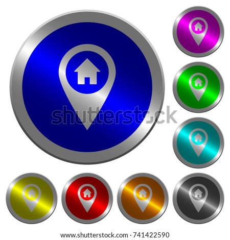 Home address GPS map location icons on round luminous coin-like color steel buttons