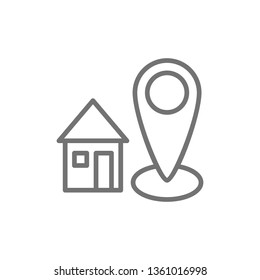 Home address, house with destination mark, geolocation line icon.