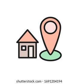 Home address, house with destination mark, geolocation flat color line icon.