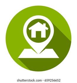 Home address icon, visualized in circle icons in a flat design style with long shadows.