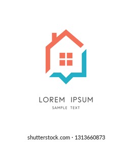 Home address logo - house with window and chimney and place pointer symbol. Realty and real estate agency, placemark and position vector icon.
