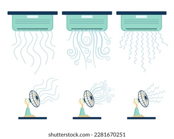 Acondicionadores de aire doméstico y conjunto de ilustraciones vectoriales de ventiladores. Diferentes estilos de aire limpio y fresco fluyen del acondicionador sobre fondo blanco. purificador de aire, clima caliente, concepto de verano