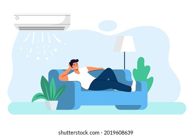 Home air conditioning Climate control concept House cooling Comfort living Young man is resting home on the couch with the air conditioner on Air cooling Vector graphic illustration Digital technology