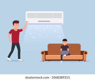 Home air conditioning, room with cooling, man on sofa with laptop and air conditioning in indoors.