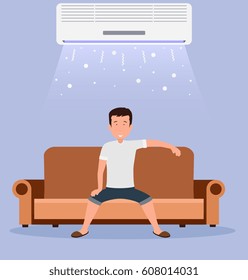 Home air conditioning, room with cooling, a man on the couch with climate control in room.