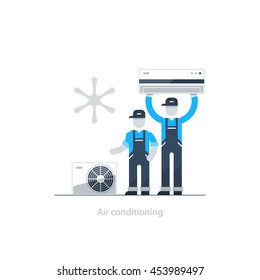 Home air conditioning service, climate control concept, house cooling icons, repairman in uniform