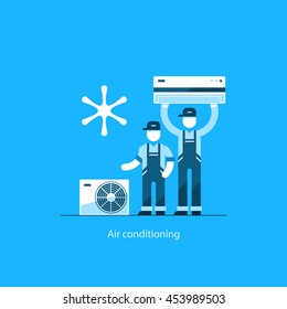 Home Air Conditioning Service, Climate Control Concept, House Cooling Icons, Repairman In Uniform