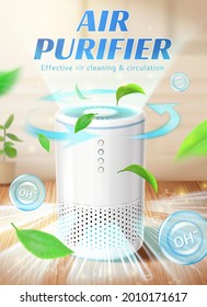 Home air purifier ad. Fresh air with leaves flowing out of air purifier machine in indoor space
