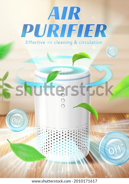 Home air purifier ad. Fresh air\
with leaves flowing out of air purifier machine in indoor\
space