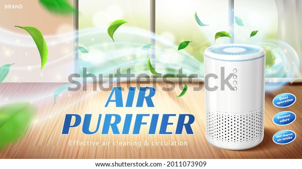 Home air purifier ad. Fresh air flows\
out of air cleaner appliance in living room\
space