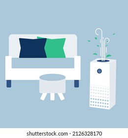 Home air purifier ad. Stay safe from virus COVID 19 or corona. White humidifier machine for home and healthy life. Protect PM 2.5 dust and pollution concept.