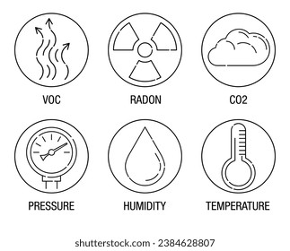 Home Air Quality indicators icons set in thin separated line. CO2, VOC, radon, temperature, pressure and humidity