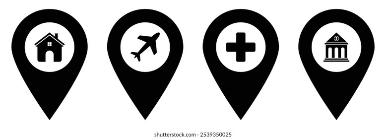 Home and airport location icon. Pin point. Map address location pointer symbol. Location icons isolated on white background.