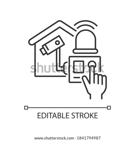 Home alarm system linear icon. Wireless alarms. Monitoring house. Smart CCTV. Home improvements. Thin line customizable illustration. Contour symbol. Vector isolated outline drawing. Editable stroke