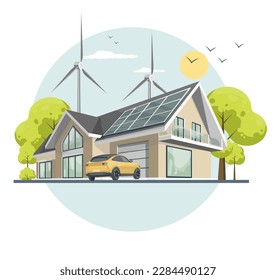 Home alternative electryciti. Illustration of a modern house. Solar panels on the roof country house and wind turbines on nature background. Electric car near the house. Concept of solar generation