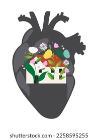 Home is always in the heart. Sweet home from which flowers grow. Heart with blossoming house isolated on white background. Vector.