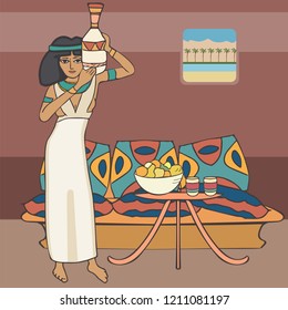 home of ancient egyptian commoner, vector historic illustration of women insight her house