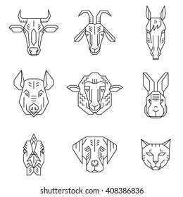 Home animal heads - line icons vector set. Simple geometric pictograms on white background, which can be used as logotypes.