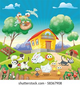 Home with Animals. Funny cartoon and vector illustration. Isolated objects.