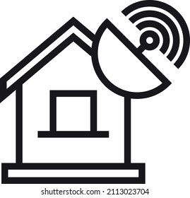 Home antenna icon. . Satellite dish on house roof. Tv receiver